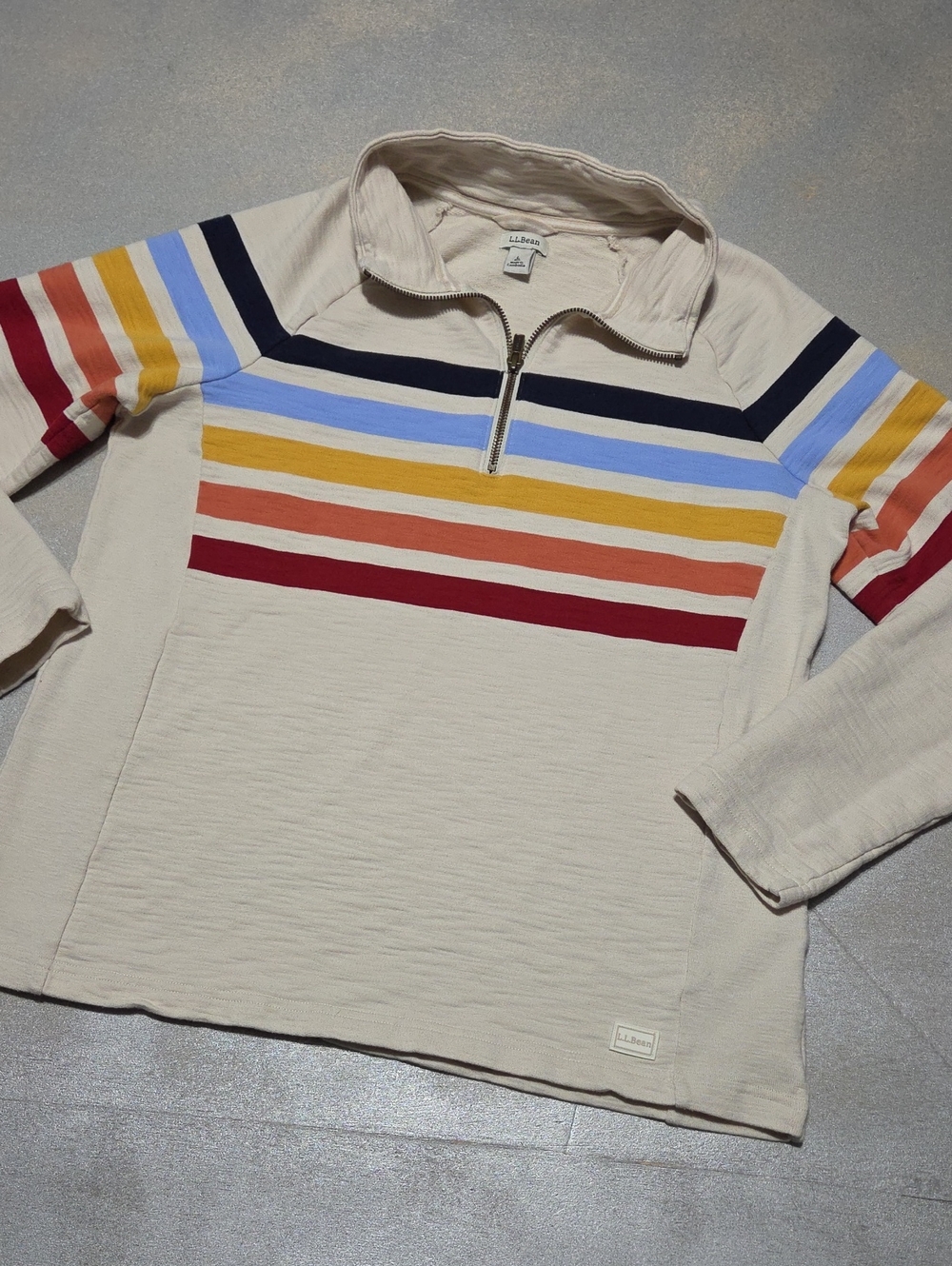 L.L. Bean Cream Quarter-Zip Sweater with Blue, Yellow, Orange and Red Stripes